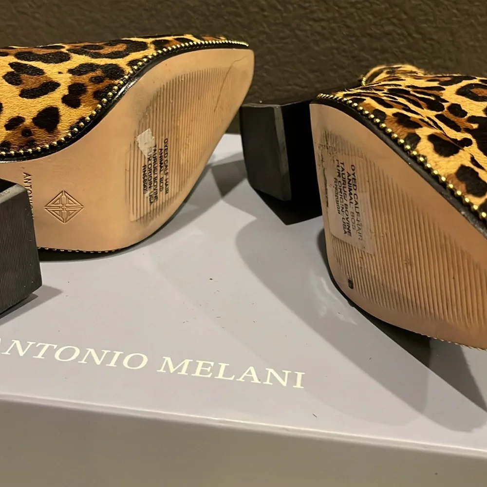 New Antonio Melanie Leopard Print calf hair Ankle Booties slip on - Picture 8 of 9